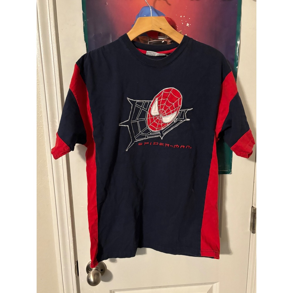 Vintage 1997 Spider-Man Embroidered T-Shirt Navy Red Colorblock Marvel Mens M